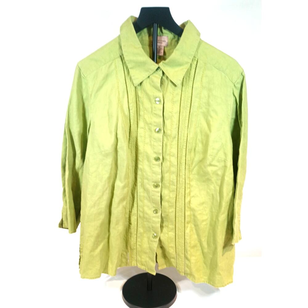Women's 100% Linen Loose Fitting Button Up Blouse Pistachio Green 1XL